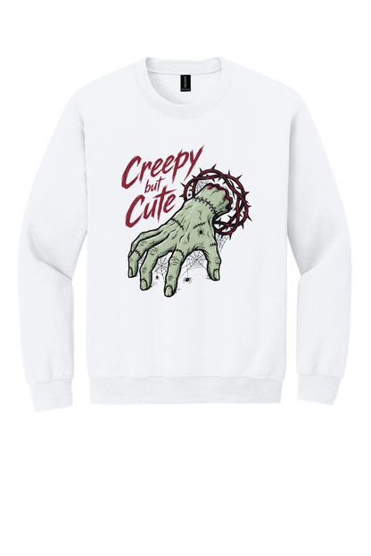 Creepy But Cute zombie hand thorn crown spiderweb Halloween DTF printed crewneck sweatshirt in White
