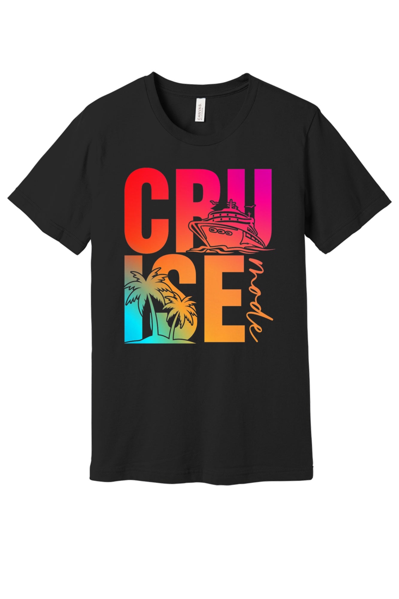 Cruise Mode DTF printed unisex tee with cruise ship and palm tree gradient design on BELLA+CANVAS 3001 in Black