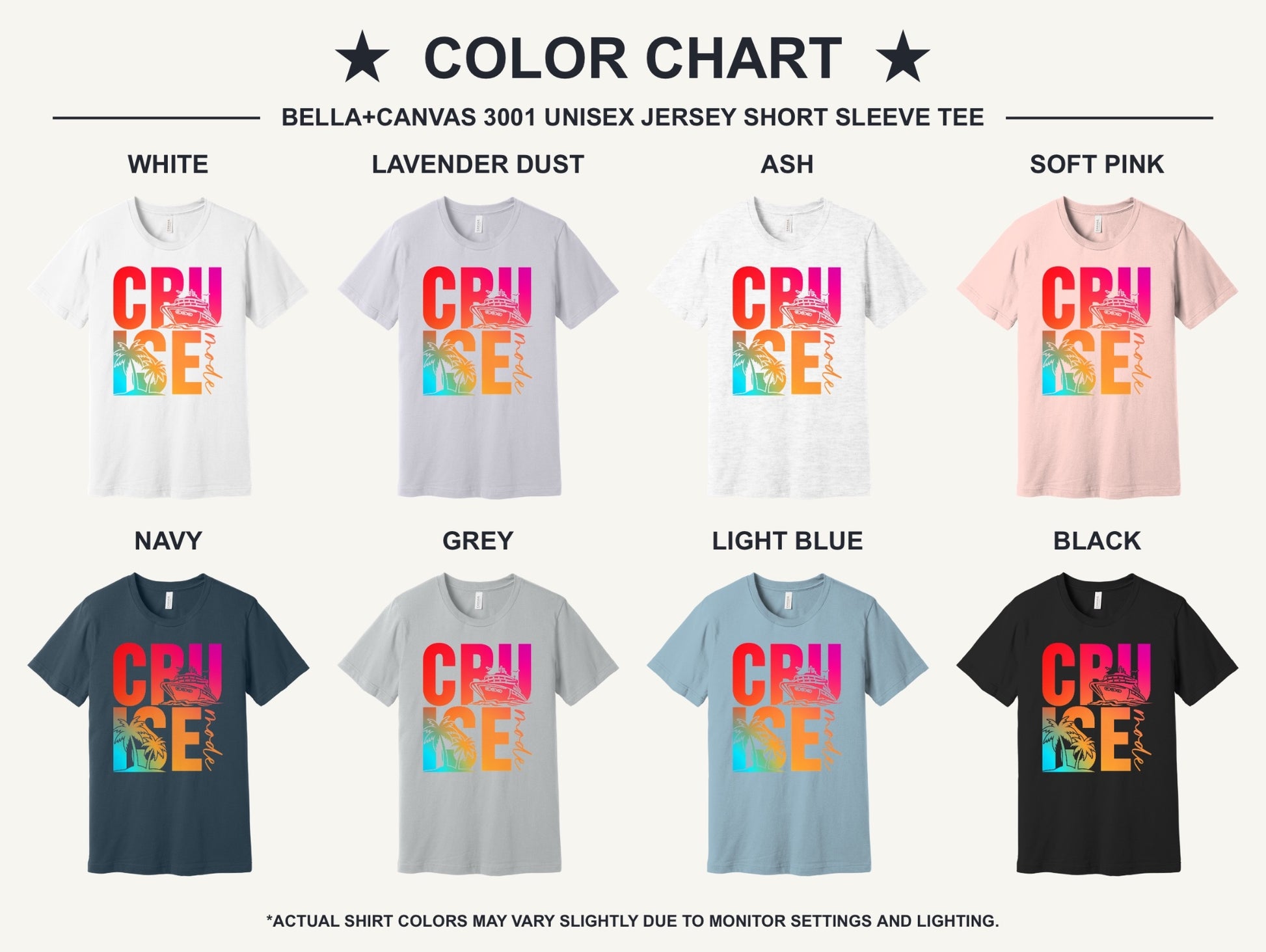 Cruise Mode DTF printed unisex tee with cruise ship and palm tree gradient design on BELLA+CANVAS 3001 - available shirt colors chart