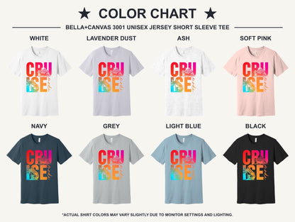 Cruise Mode DTF printed unisex tee with cruise ship and palm tree gradient design on BELLA+CANVAS 3001 - available shirt colors chart