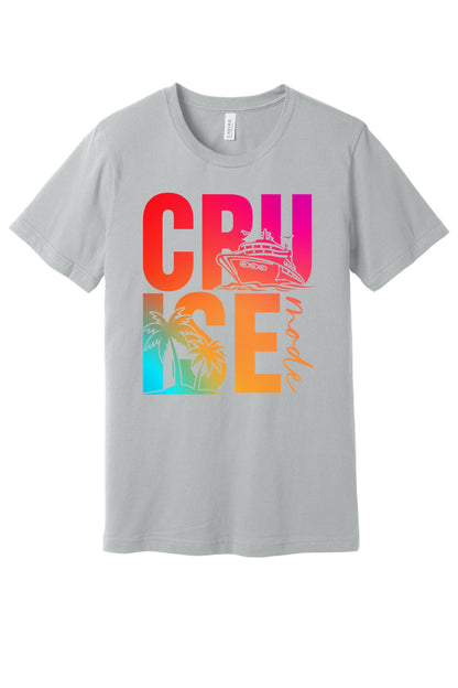 Cruise Mode DTF printed unisex tee with cruise ship and palm tree gradient design on BELLA+CANVAS 3001 in Grey