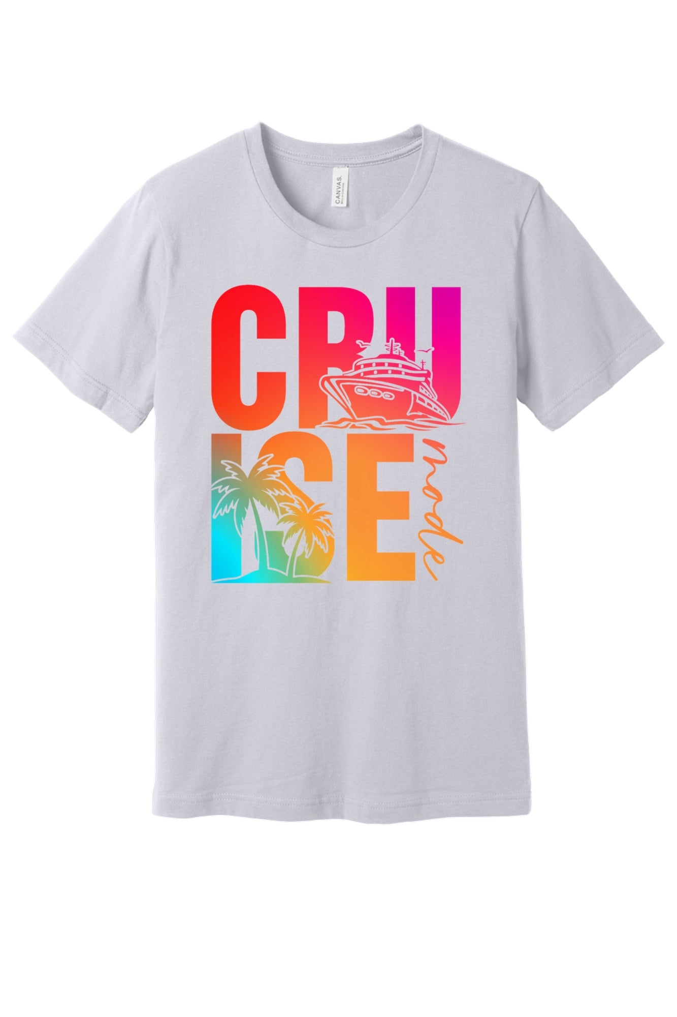 Cruise Mode DTF printed unisex tee with cruise ship and palm tree gradient design on BELLA+CANVAS 3001 in Lavender Dust