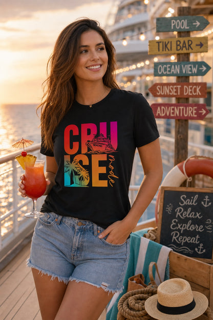 Cruise Mode DTF printed unisex tee with cruise ship and palm tree gradient design on BELLA+CANVAS 3001 worn by a model