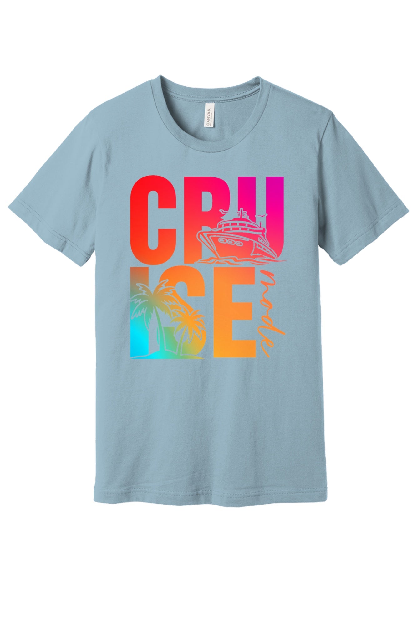 Cruise Mode DTF printed unisex tee with cruise ship and palm tree gradient design on BELLA+CANVAS 3001 in Light Blue