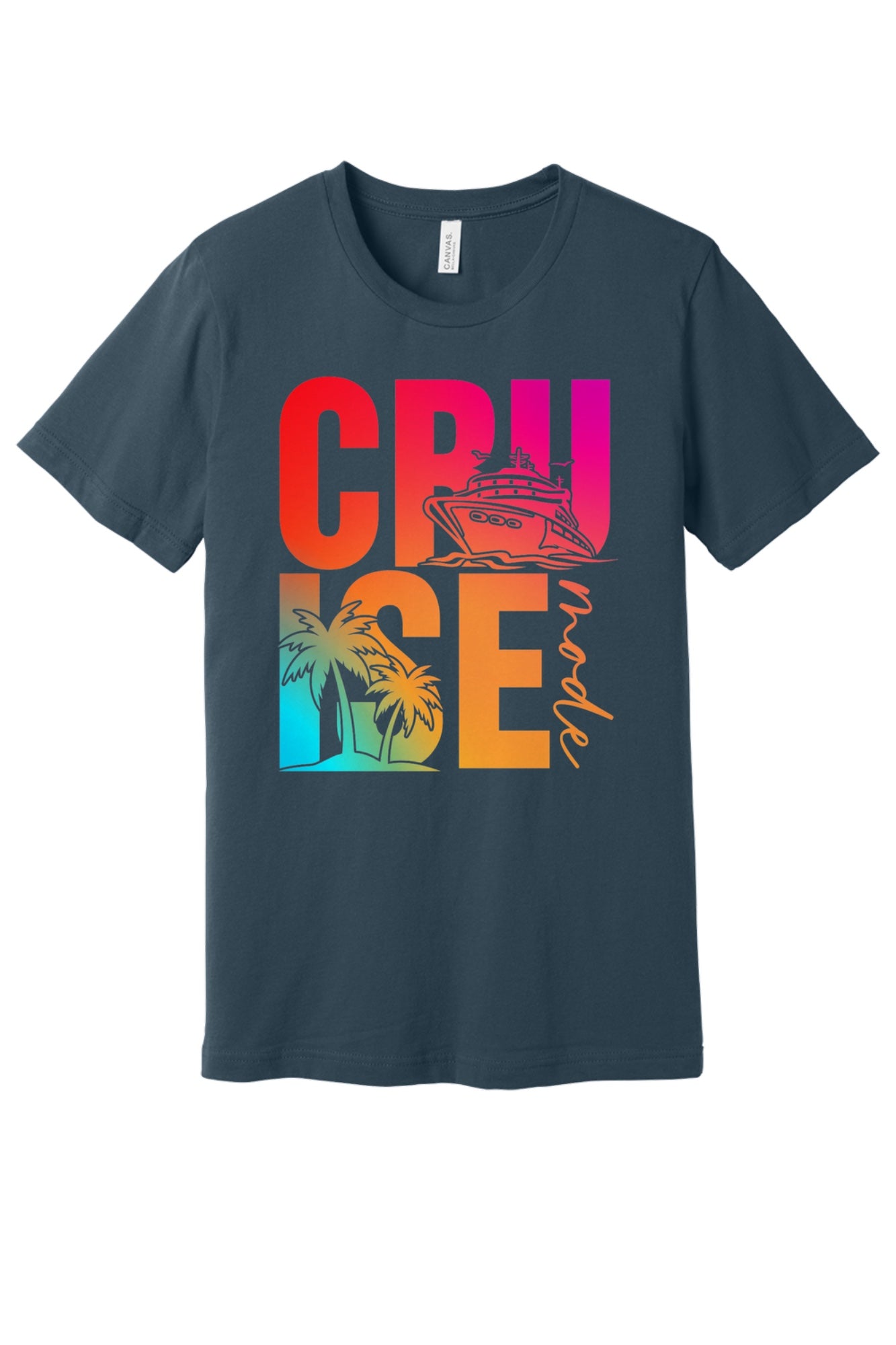 Cruise Mode DTF printed unisex tee with cruise ship and palm tree gradient design on BELLA+CANVAS 3001 in Navy