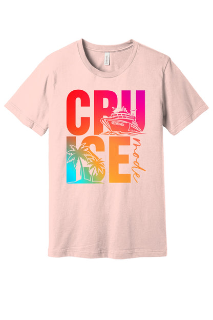 Cruise Mode DTF printed unisex tee with cruise ship and palm tree gradient design on BELLA+CANVAS 3001 in Soft Pink