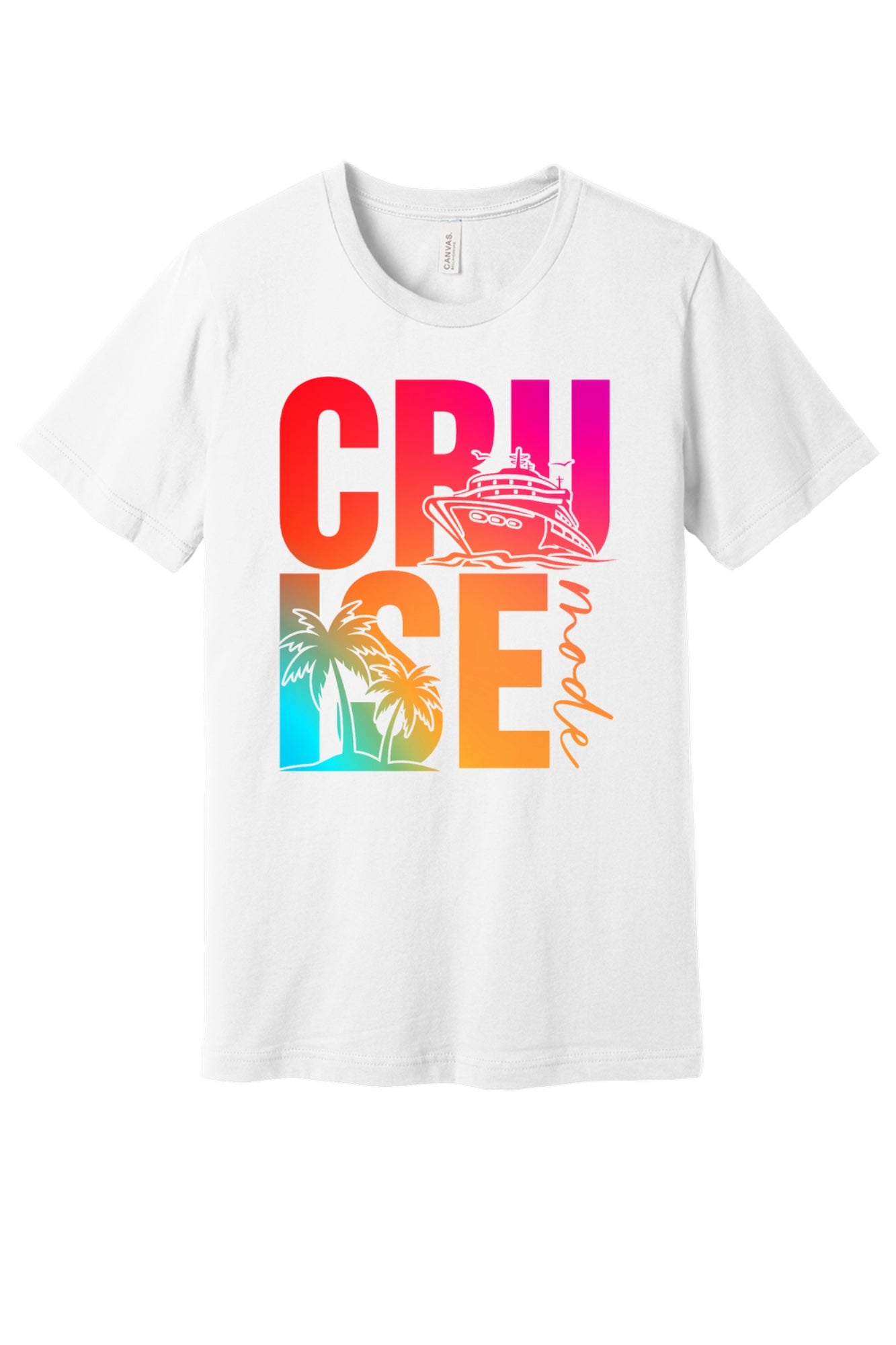 Cruise Mode DTF printed unisex tee with cruise ship and palm tree gradient design on BELLA+CANVAS 3001 in White