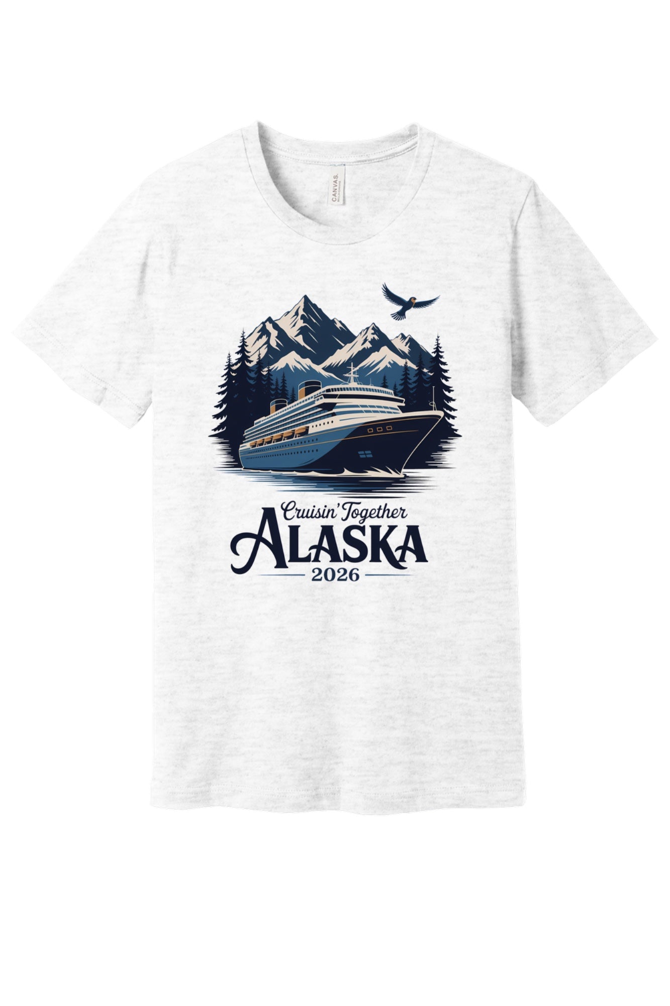 Cruisin' Together Alaska 2026 printed unisex tee with cruise ship, mountains and eagle graphic in Ash