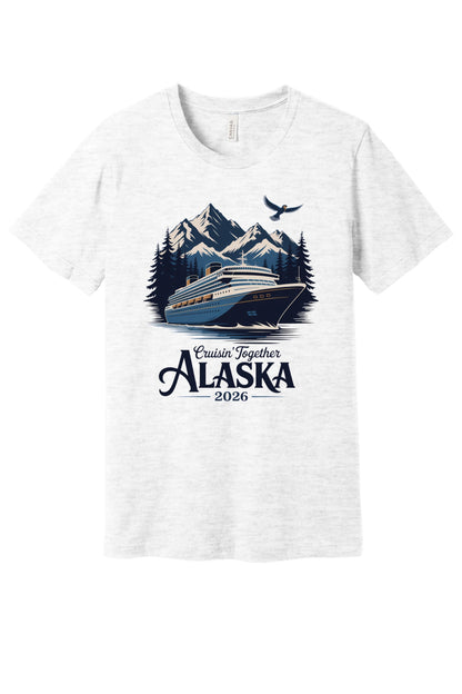 Cruisin' Together Alaska 2026 printed unisex tee with cruise ship, mountains and eagle graphic in Ash