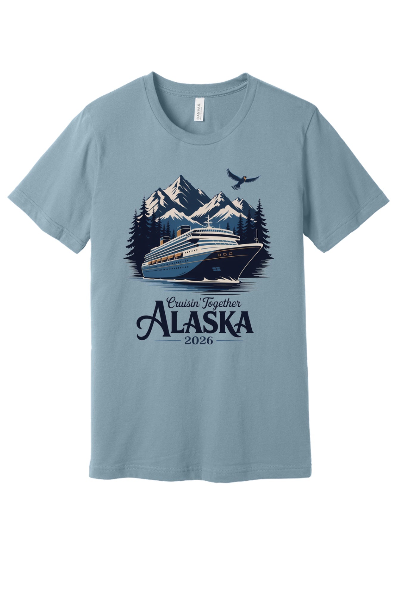 Cruisin' Together Alaska 2026 printed unisex tee with cruise ship, mountains and eagle graphic in Denim