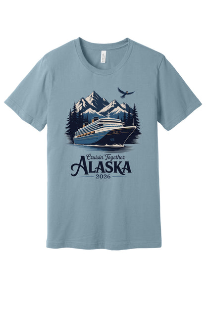 Cruisin' Together Alaska 2026 printed unisex tee with cruise ship, mountains and eagle graphic in Denim