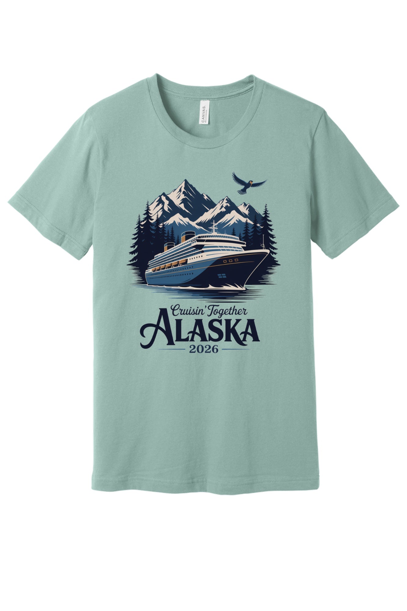 Cruisin' Together Alaska 2026 printed unisex tee with cruise ship, mountains and eagle graphic in Dusty Blue