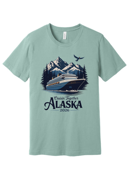 Cruisin' Together Alaska 2026 printed unisex tee with cruise ship, mountains and eagle graphic in Dusty Blue