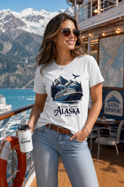 Cruisin' Together Alaska 2026 printed unisex tee with cruise ship, mountains and eagle graphic worn by a model
