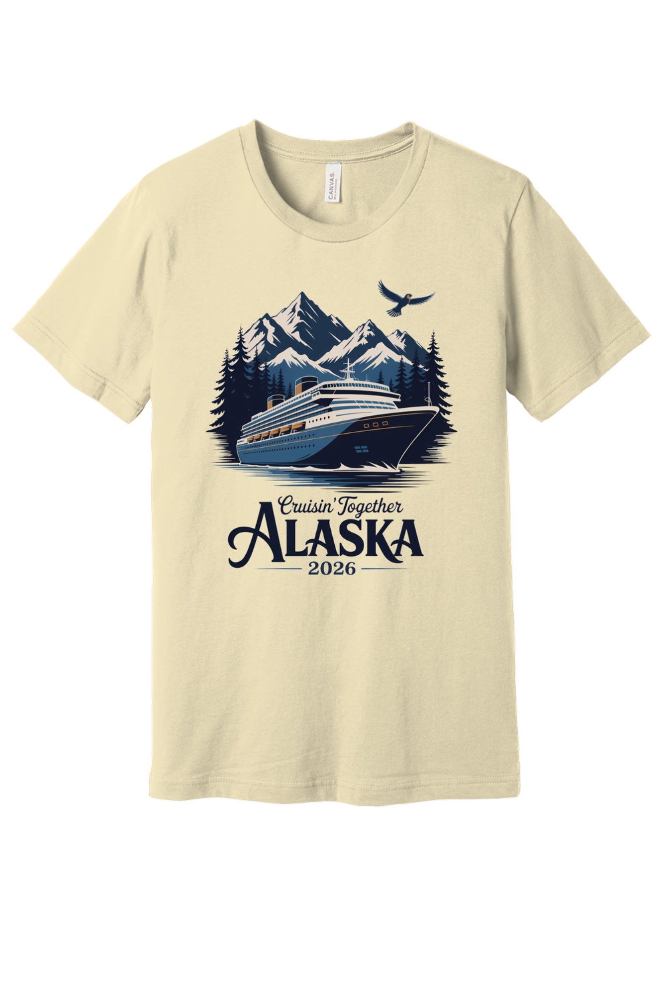 Cruisin' Together Alaska 2026 printed unisex tee with cruise ship, mountains and eagle graphic in Natural