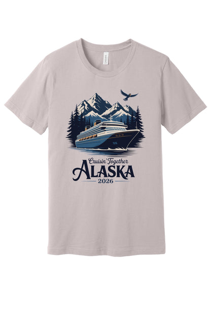 Cruisin' Together Alaska 2026 printed unisex tee with cruise ship, mountains and eagle graphic in Pink Gravel