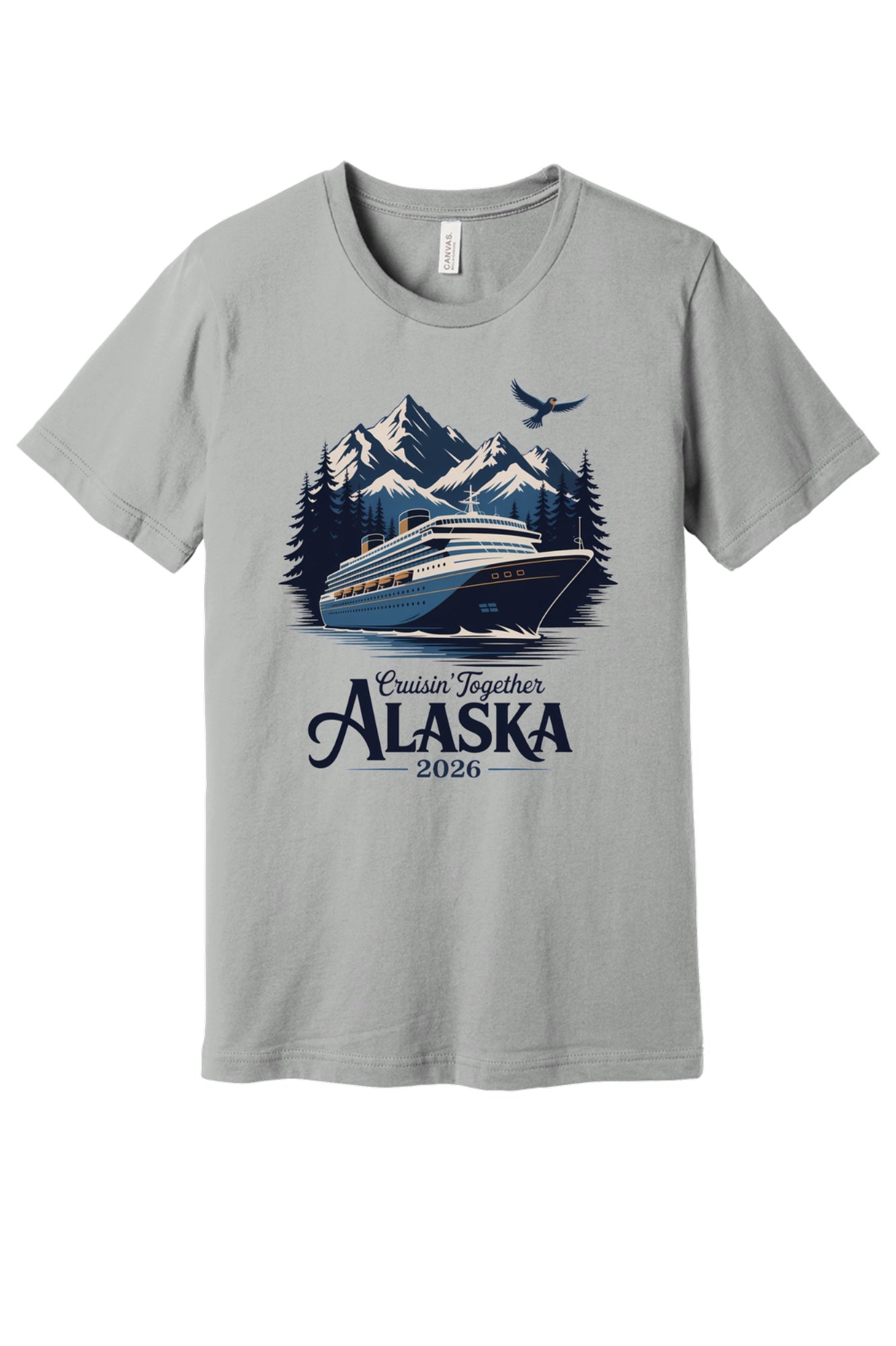 Cruisin' Together Alaska 2026 printed unisex tee with cruise ship, mountains and eagle graphic in Silver