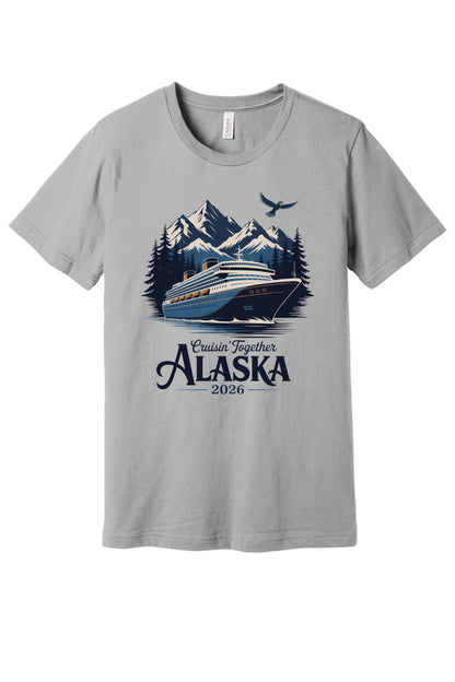 Cruisin' Together Alaska 2026 printed unisex tee with cruise ship, mountains and eagle graphic in Silver