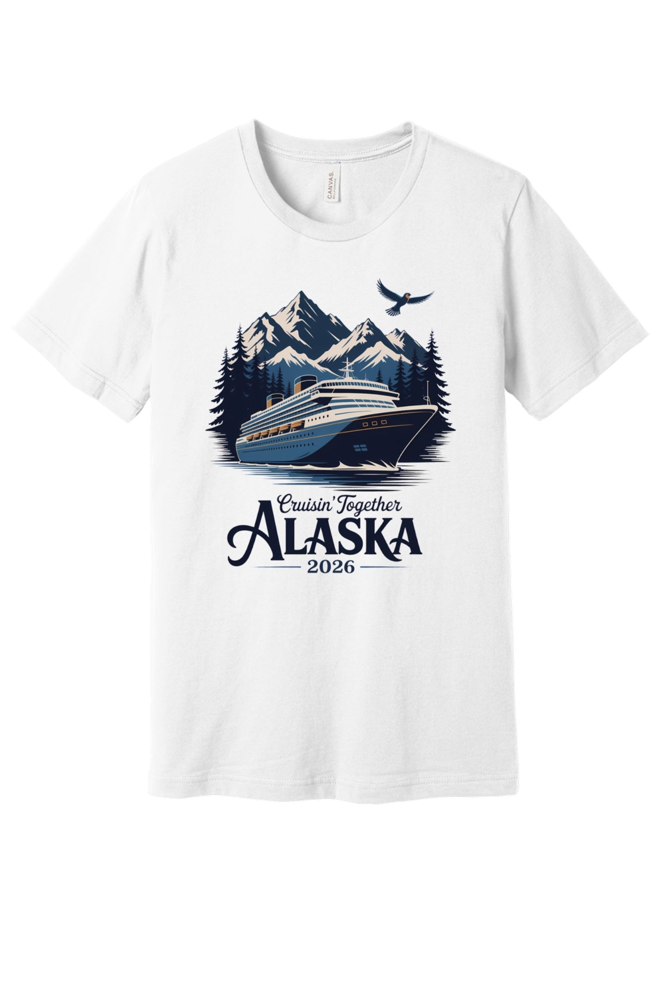 Cruisin' Together Alaska 2026 printed unisex tee with cruise ship, mountains and eagle graphic in White