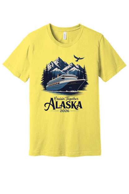Cruisin' Together Alaska 2026 printed unisex tee with cruise ship, mountains and eagle graphic in Yellow