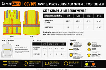 Custom CornerStone CSV105 ANSI 107 Class 2 surveyor safety vest size chart with measurements, chest sizing guide, front and back product views, and fit instructions.