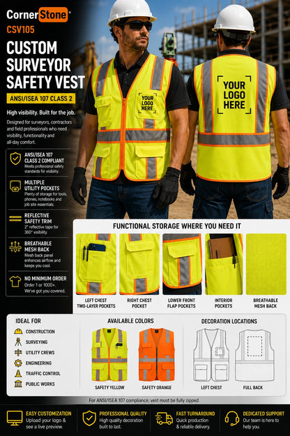 Custom CornerStone CSV105 ANSI Class 2 surveyor safety vest with logo printing, utility pockets, reflective trim, mesh back, available colors, and decoration locations.