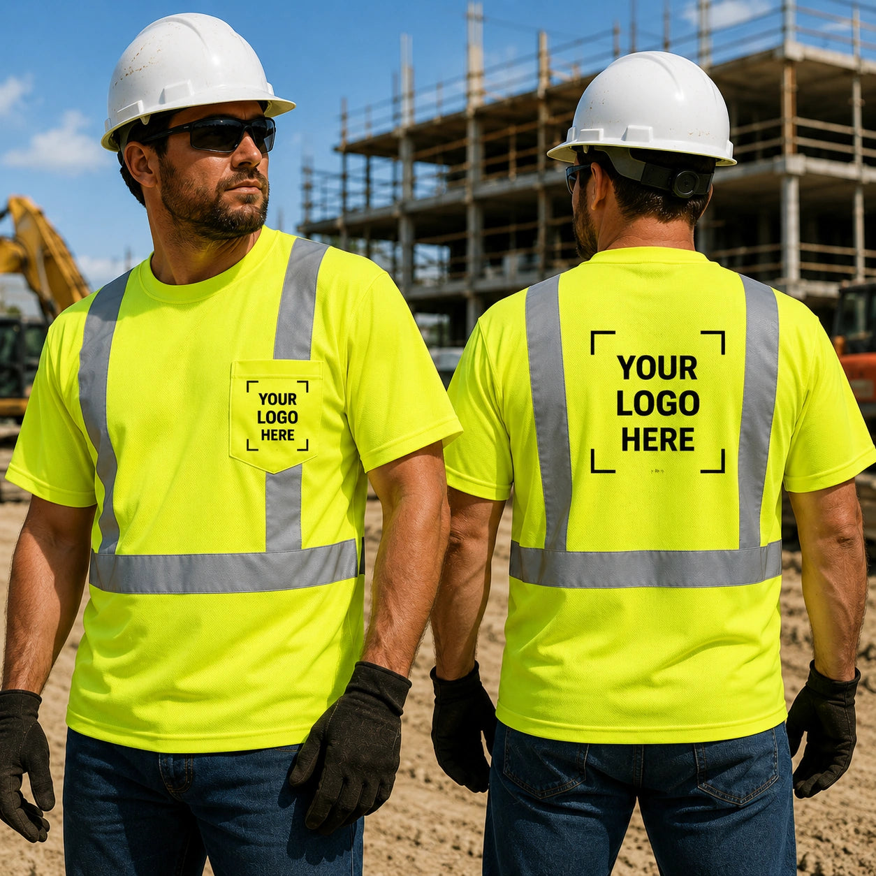 Custom CornerStone CS200 ANSI Class 2 safety shirt with company logo placement on front pocket and full back for construction and industrial workwear