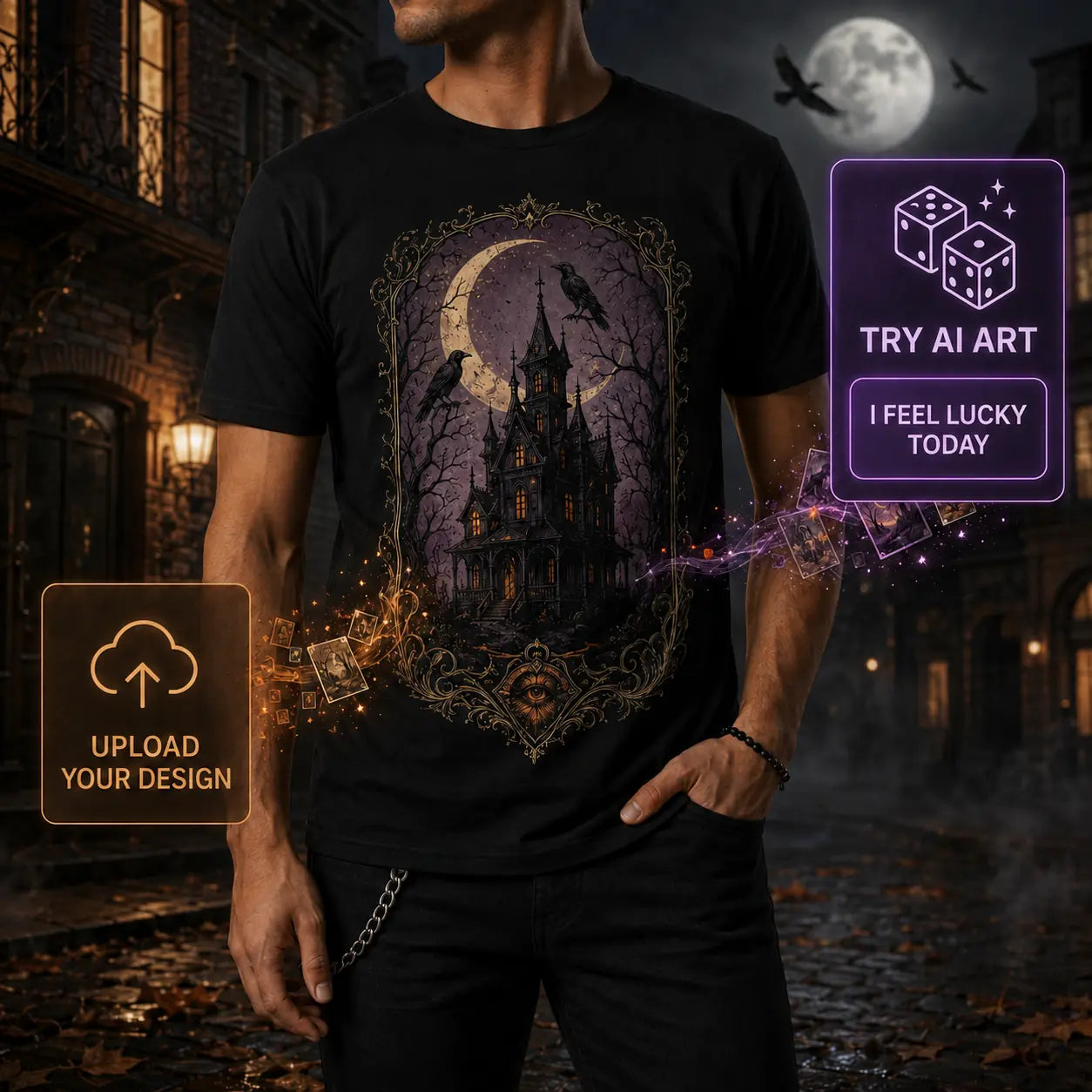 Model wearing a black BELLA+CANVAS 3001 custom Halloween shirt with gothic haunted house art and upload or AI design options