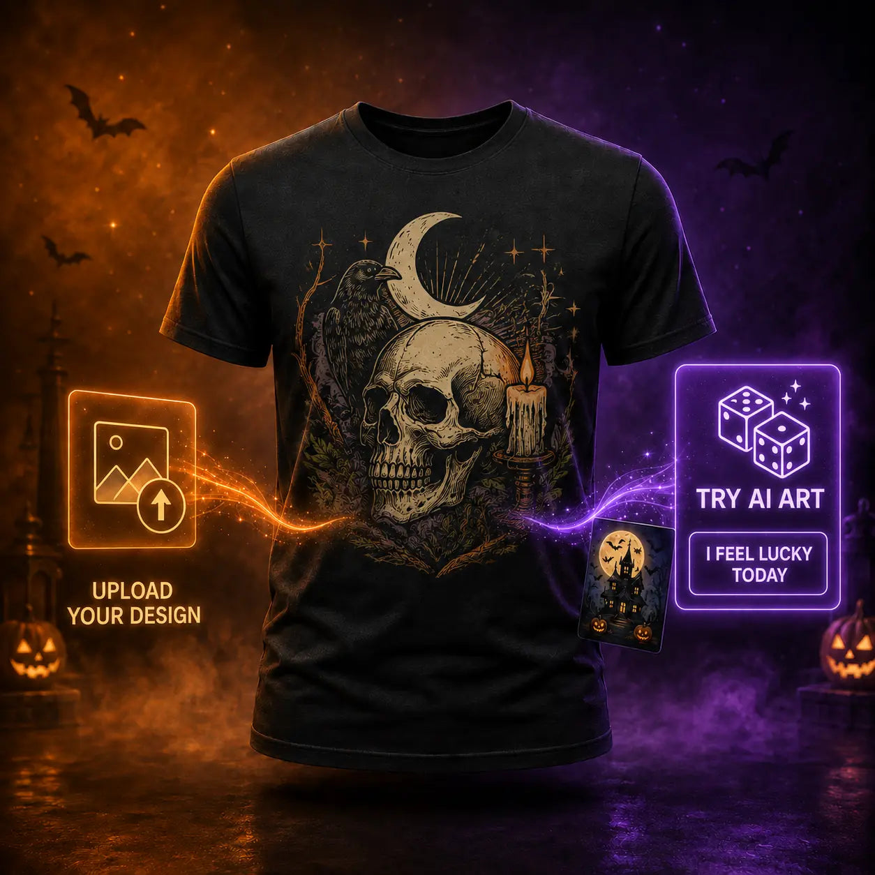 Black BELLA+CANVAS 3001 custom Halloween shirt with gothic skull, raven and candle artwork plus upload or AI art options