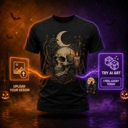 Black BELLA+CANVAS 3001 custom Halloween shirt with gothic skull, raven and candle artwork plus upload or AI art options