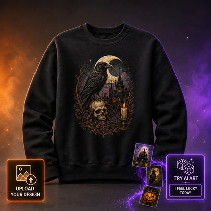 Black custom Halloween crewneck sweatshirt with gothic raven artwork, design upload option and random AI art generator.