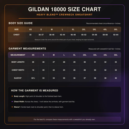 Gildan 18000 sweatshirt size chart with XS–5XL chest, garment width, body length and sleeve measurements in inches.