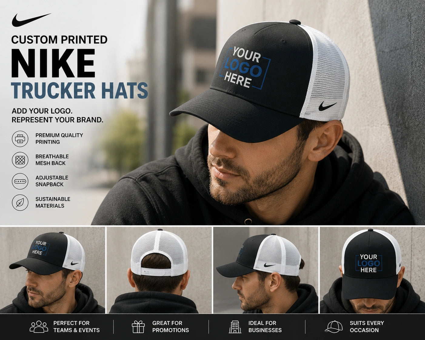 Custom Printed Nike Snapback Mesh Trucker Cap | Add Your Logo