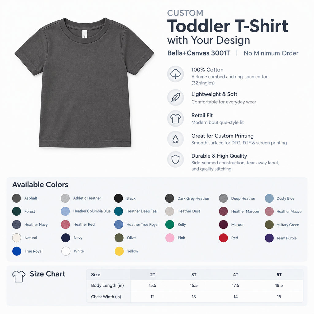 Custom toddler t-shirt for personalized designs, no minimum order.