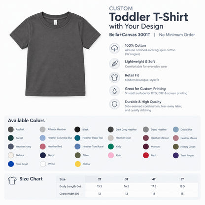 Custom toddler t-shirt for personalized designs, no minimum order.