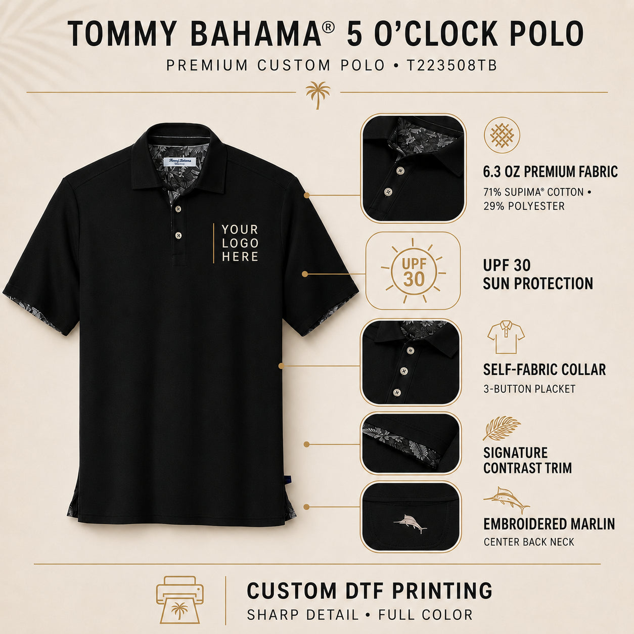 Custom black Tommy Bahama 5 O’Clock Polo feature guide showing Supima cotton blend, UPF 30, contrast trim and embroidered Marlin.