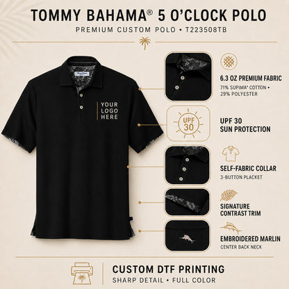 Custom black Tommy Bahama 5 O’Clock Polo feature guide showing Supima cotton blend, UPF 30, contrast trim and embroidered Marlin.