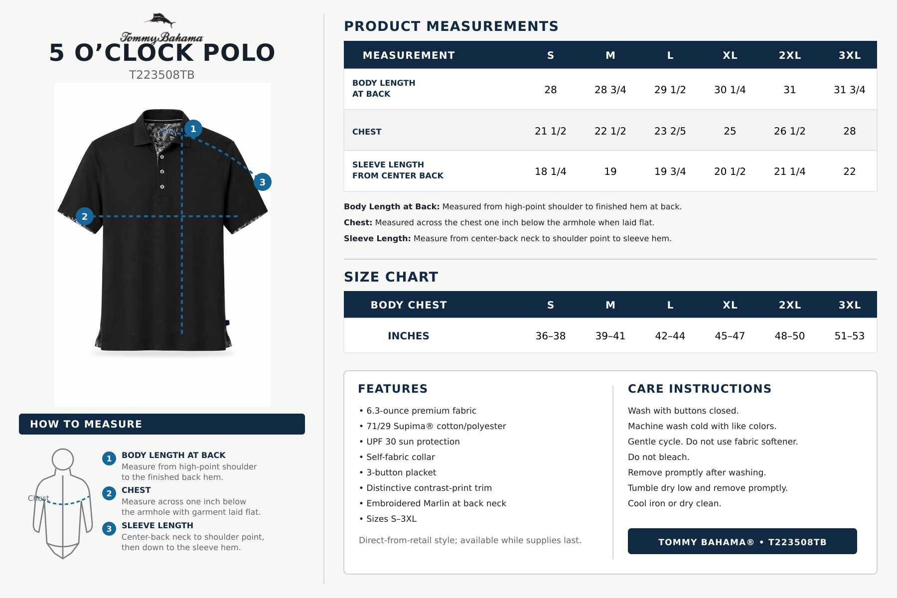 A product information graphic for a black 5 o'clock polo shirt by Tommy Bahama, showing a product photo on the left, a product measurements table, a size chart, and care instructions on the right.