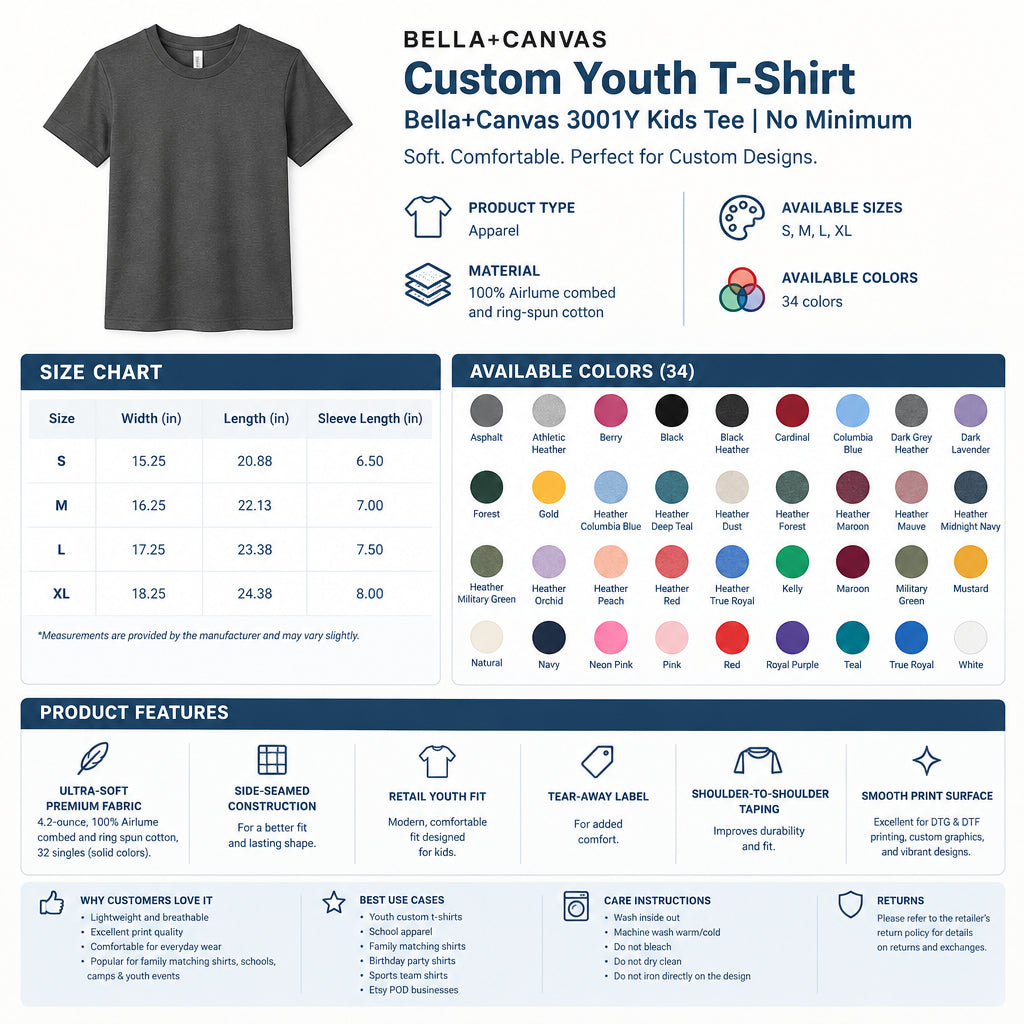 Custom printed BELLA+CANVAS 3001Y youth jersey t-shirt for kids in multiple colors