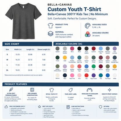 Custom printed BELLA+CANVAS 3001Y youth jersey t-shirt for kids in multiple colors