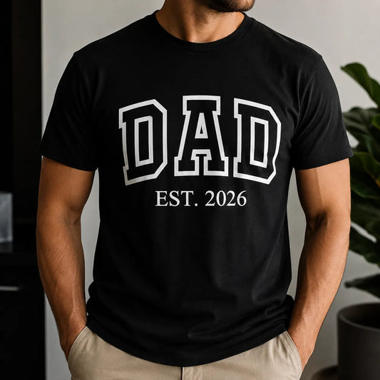 Personalized dad t-shirt with custom est. year varsity typography design for fathers and family apparel