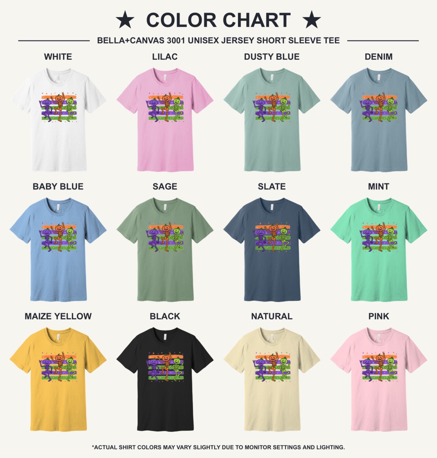 Dancing pumpkin head skeletons Halloween unisex tee in purple orange and green on striped background - available shirt colors chart