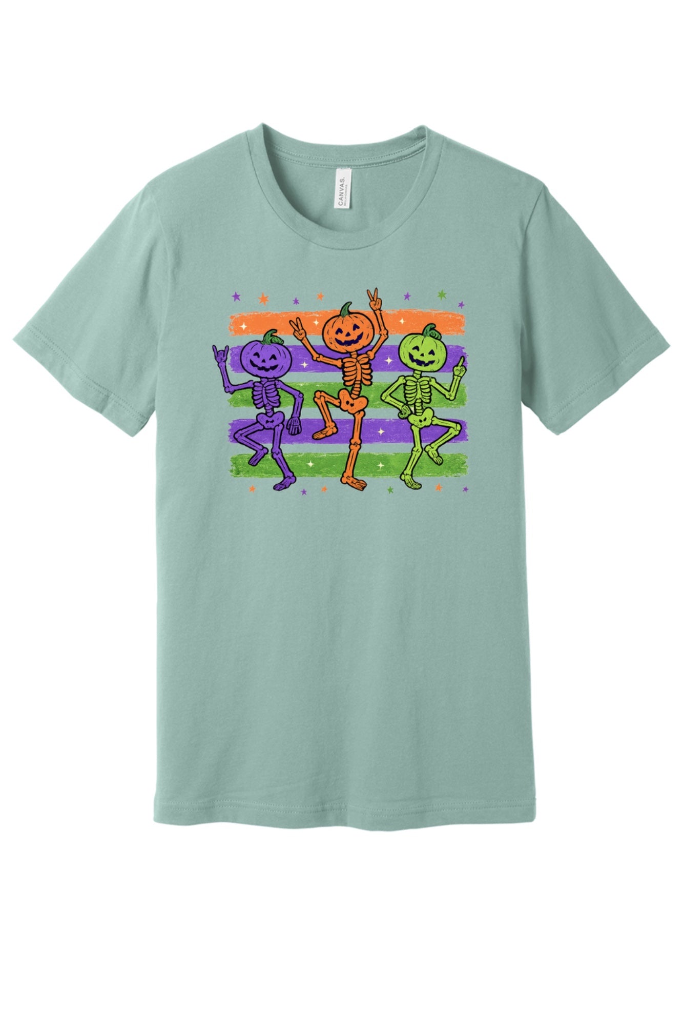 Dancing pumpkin head skeletons Halloween unisex tee in purple orange and green on striped background in Dusty Blue