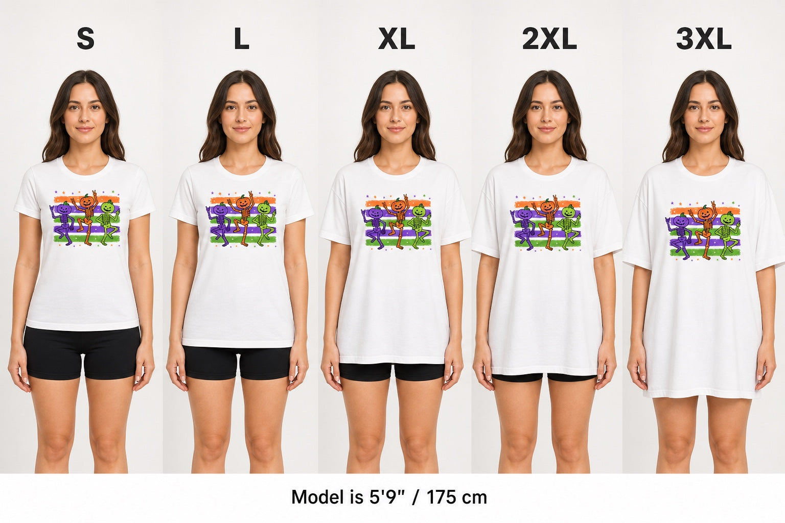 Dancing pumpkin head skeletons Halloween unisex tee in purple orange and green on striped background size fit comparison on model, S L XL 2XL 3XL