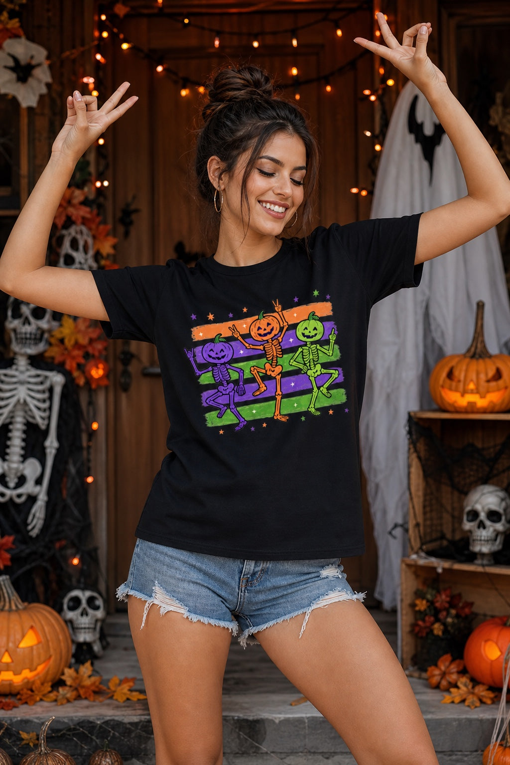 Dancing pumpkin head skeletons Halloween unisex tee in purple orange and green on striped background worn by a model