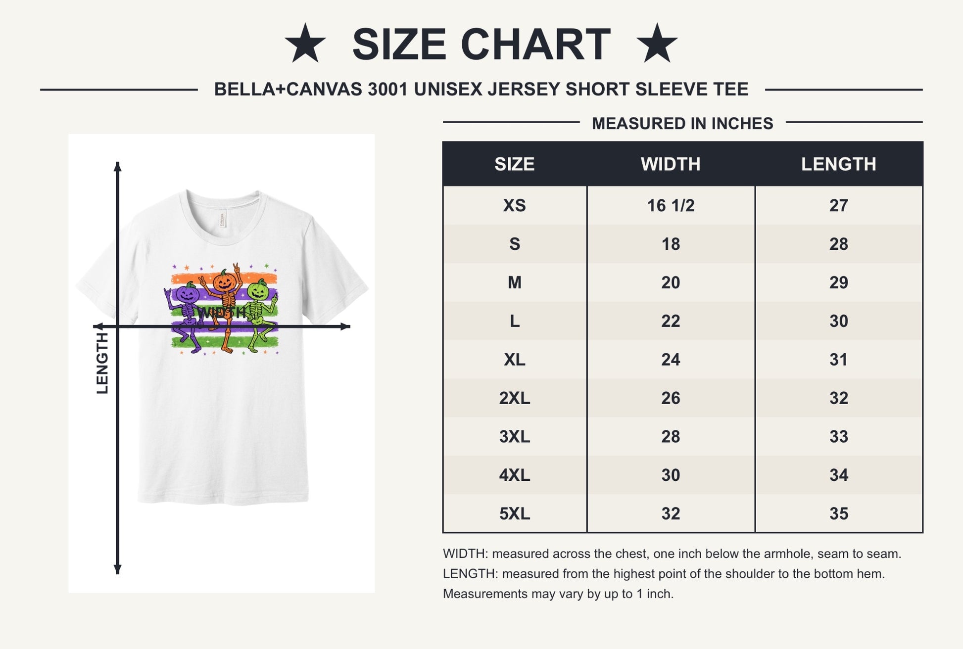 Dancing pumpkin head skeletons Halloween unisex tee in purple orange and green on striped background - size chart