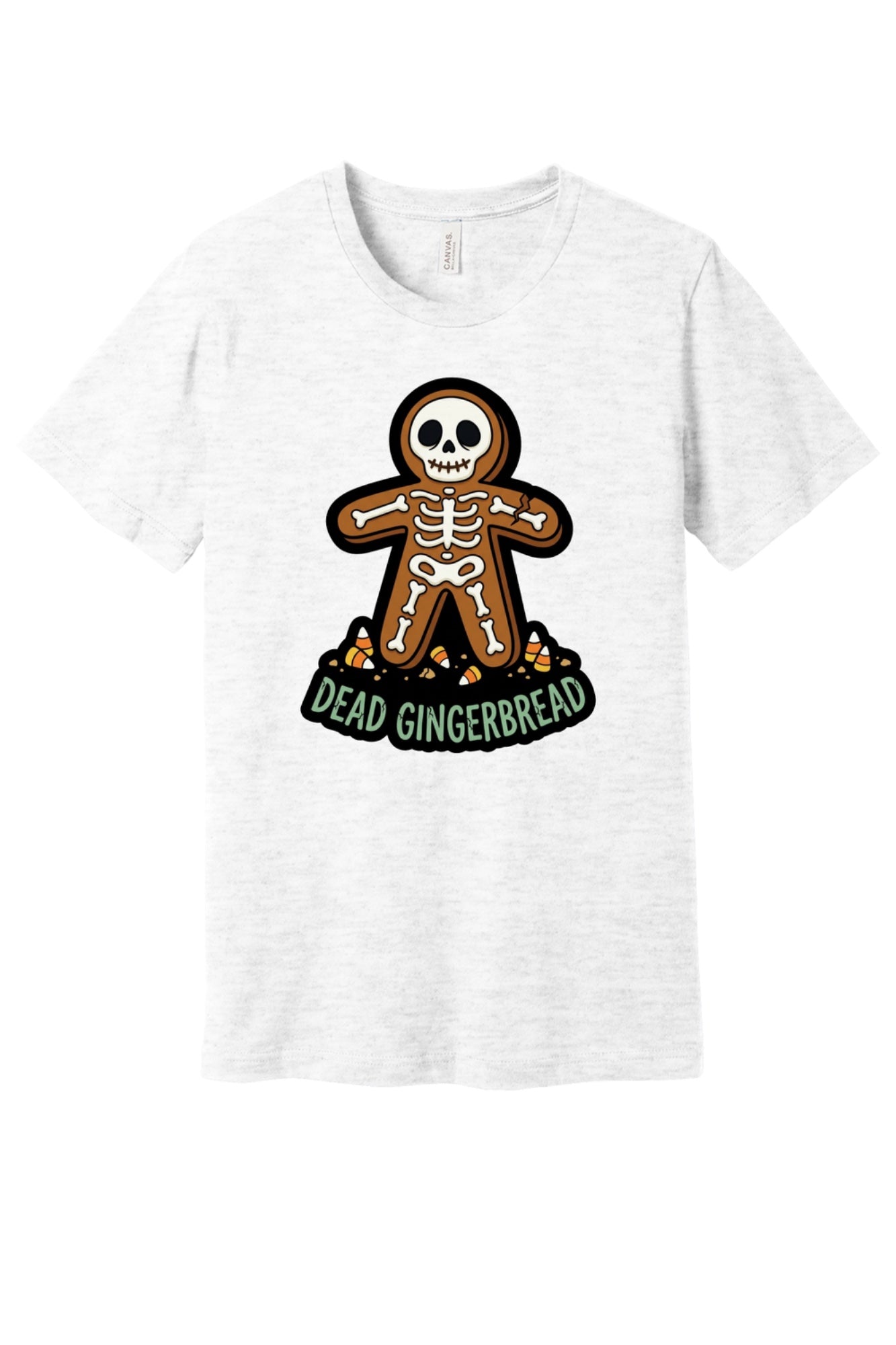 Dead Gingerbread skeleton cookie Halloween graphic tee with candy corn base, unisex short sleeve shirt in Ash