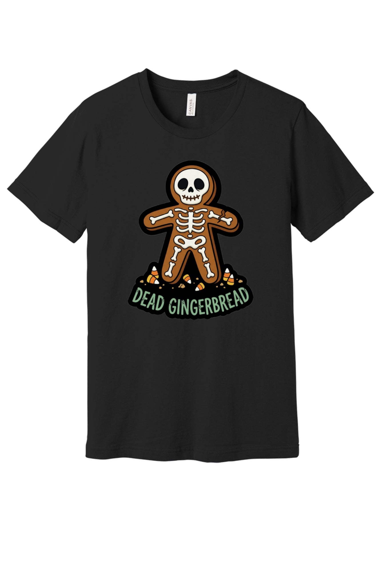 Dead Gingerbread skeleton cookie Halloween graphic tee with candy corn base, unisex short sleeve shirt in Black