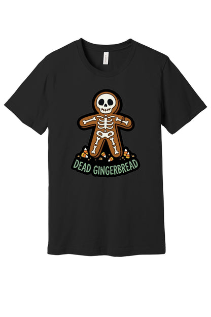 Dead Gingerbread skeleton cookie Halloween graphic tee with candy corn base, unisex short sleeve shirt in Black