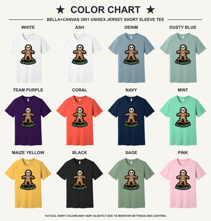 Dead Gingerbread skeleton cookie Halloween graphic tee with candy corn base, unisex short sleeve shirt - available shirt colors chart